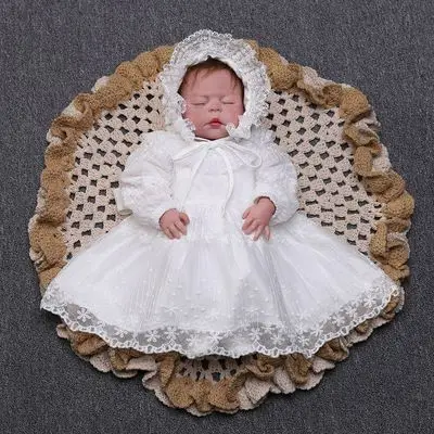 

2019 Baby Girl Dress Long Sleeve Christening Dress Lace Baptism Dress for Newborn Baby White Dress with Hat for Baby Girl