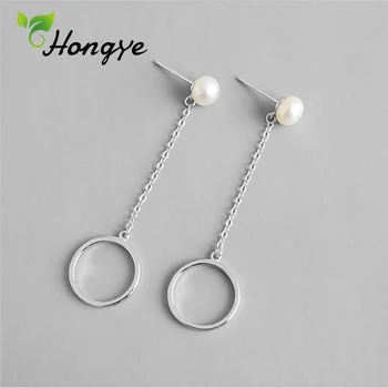 

Hongye Korean Style Elegant Dangler Earrings for Women Girls Big Circle Silver 925 Drop Earring Femme Brinco Freshwater Pearl