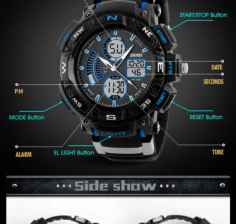 SKMEI мужские цифровые наручные часы уличные повседневные спортивные часы Многофункциональный задний свет хронограф 50 м водонепроницаемые