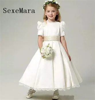 

New Ivory White Flower Girl Dress Satin Short Sleeves O Neck with Ribbon Girls Communion Dresses Birthday Party Gown