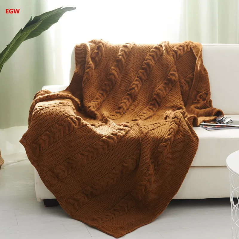 1pc Brown Knitted Blanket Gray Twist Geometric Pattern 130*180cm Soft