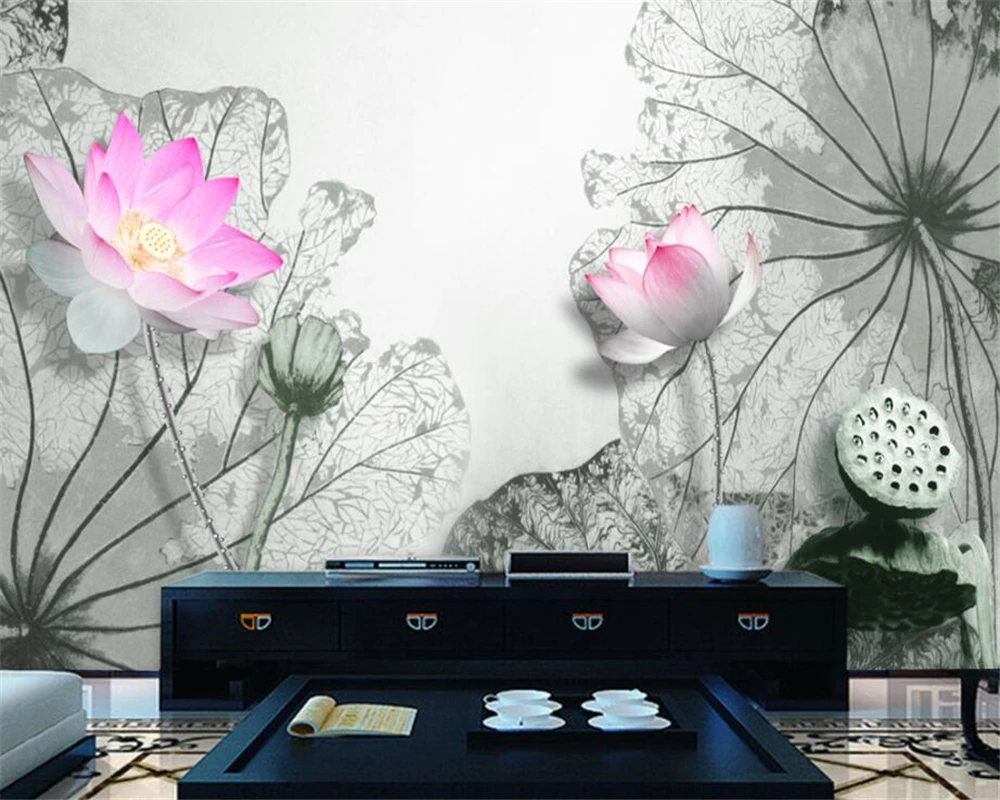 Обои на заказ фотообои для украшения дома фон росписи чернил rhyme 3D lotus TV стену 3d