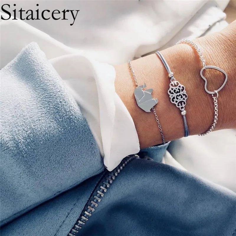 

Sitaicery Bohemian Bangle Elephant Heart Flower Bracelet Women Female Charm Party Wedding Jewelry Accessories 3pcs Bracelet Set