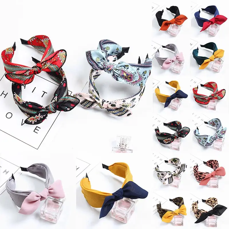 

Hot Rabbit Ears Cloth Striped Print Wide Side Bow Headband Hair Hoop Fashion Dot Solid Hair Band For Girl Hair Accessories