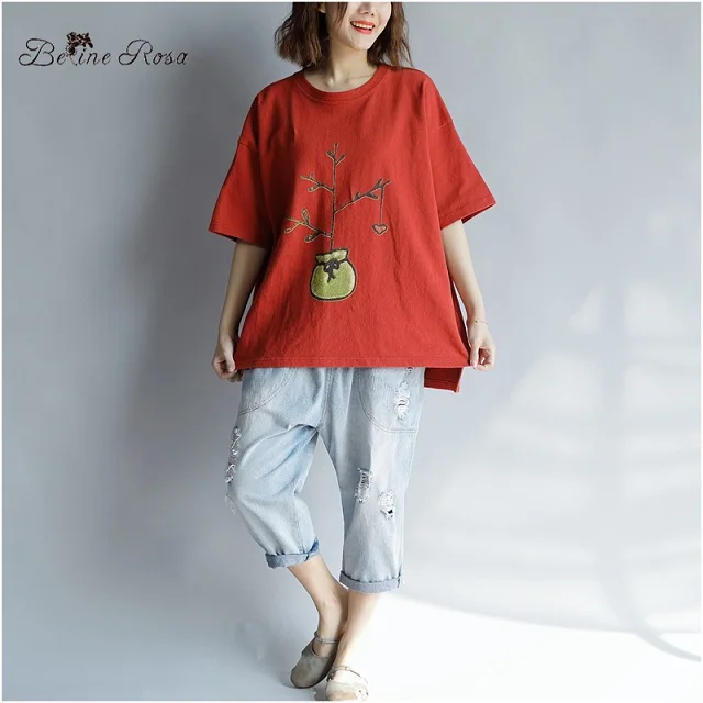 Корейские повседневные футболки BelineRosa, женская хлопковая футболка, размер 42 44 46 48 50 52, ZRK00069 - Цвет: red