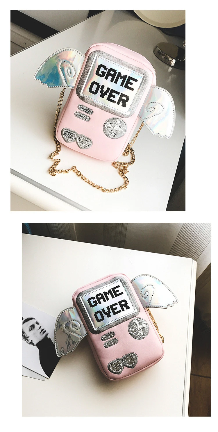 Harajuku Женская мини сумка-мессенджер 3D игровой автомат стиль игра над печатью Девушки PU цепь плеча телефон сумки с крыльями