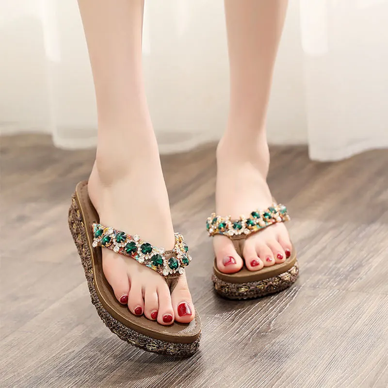 

Woman Slippers Beach Flip Flops Shoes Summer Style Slides Slip- Resistant Slippers Platform Shoe Pu Rubber crystal Casual Plain