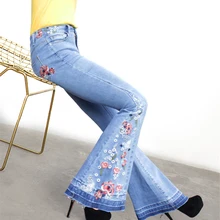 Новые джинсовые расклешенные брюки женские эластичные джинсы с вышивкой высококачественные хлопковые брюки блестящая Молния Синие Джинсы женские A2775