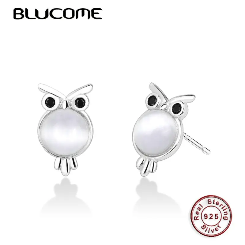 Blucome, 925 пробы, серебряные серьги-гвоздики в виде совы, белый опал, циркон, ювелирные изделия для женщин, девушек, вечерние, праздничные аксессуары, подарки