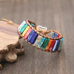 Натуральный камень ручной работы многоцветный Браслет Чакра Ювелирные изделия бусины-трубки кожаный браслет с обертыванием творческие