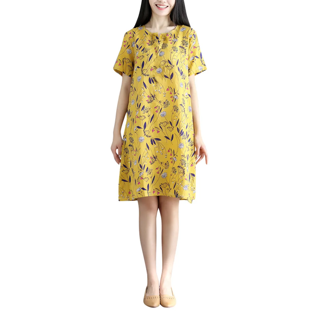 

2019 Cotton Linen Summer Dress Women Loose Plus size Casual Dress Floral Print beach Sundress dresses vestidos