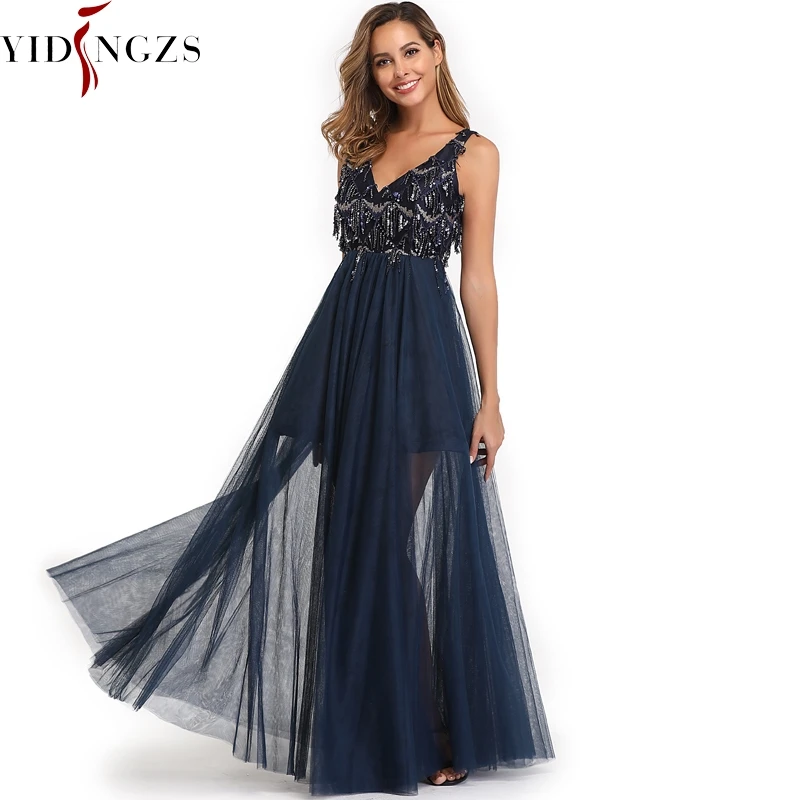 

YIDINGZS 2019 Elegant V-neck Tassel Tulle Bridesmaid Dress Sleeveless Long Wedding Party Dress