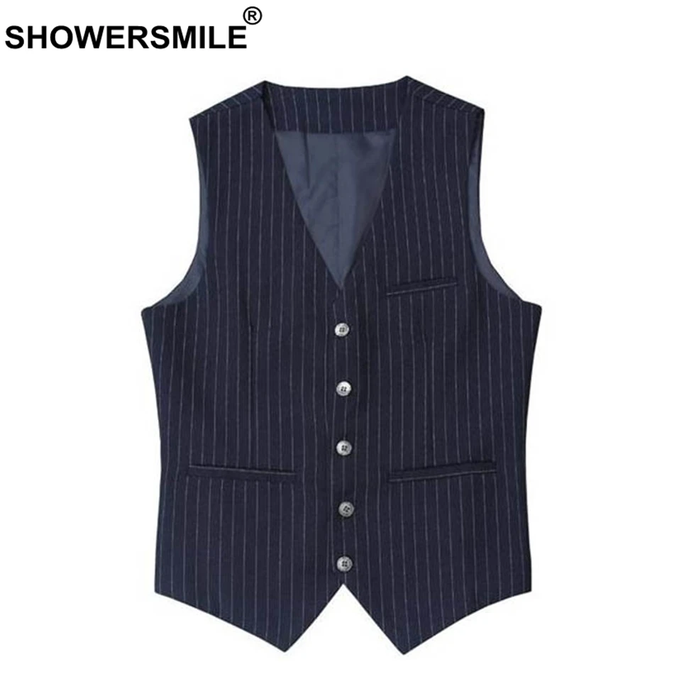 

SHOWERSMILE Slim Fit Waistcoat Man Stripe Suit Vest Men Blue Formal Dress Vests Male British Style Sleeveless Jacket Autumn