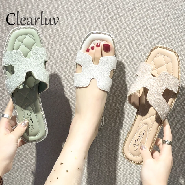 

2019 new slippers female word flat slippers H models rhinestone sequins slippery wild comfortable casual sandals women C1292