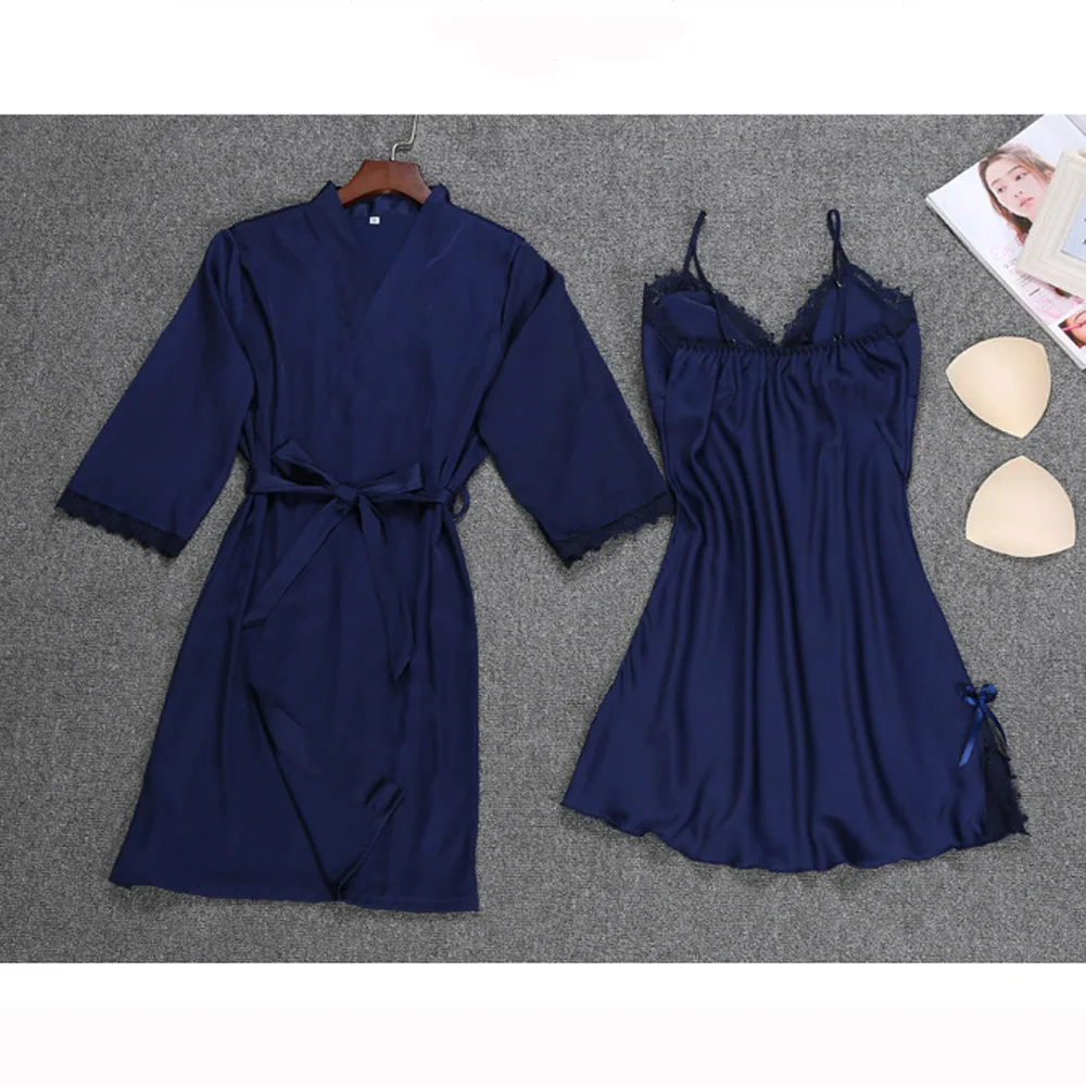 New Women Ladies Sexy Silk Satin Dress Bathrobe Nightgown Sets Lace Kimono Pajamas Lingerie Sleepwear chemise de nuit femme