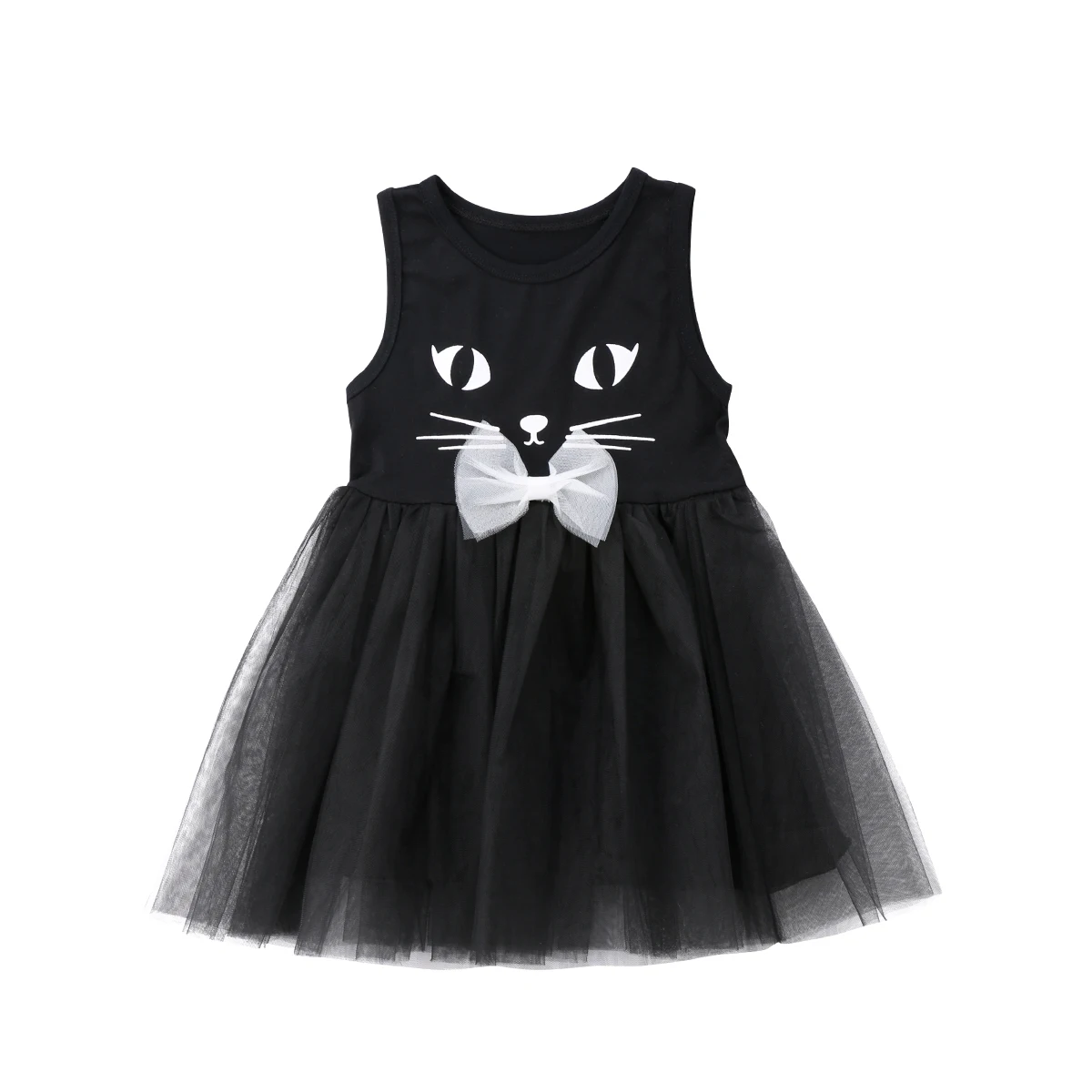 Summer Sleeveless Girl Princess Tutu Dress Kid Casual Party Dresses Cute Cat Pattern Bowknot Clothes | Детская одежда и обувь