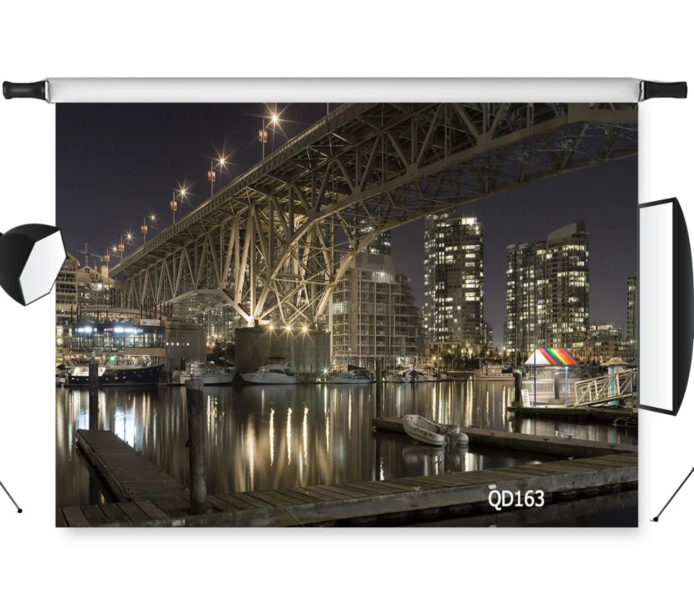 

LB Vinyl Photography Backdrop Night Scenic Of The City River Bridge Bright Lights For Studio Photo Props Photographic Background