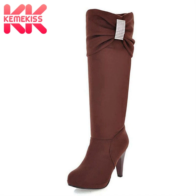 

KemeKiss Fashion Women High Heel Boots Knee Warm Fur Shoes Women Crystal Party Winter Boots Office Lady Footwear Size 33-43