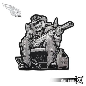 

Hand with gun skull Vest Motorcycle Embroidered Iron On Back of Jacket Patch Black twill fabric Free Shipping DIY Eco-Friendly