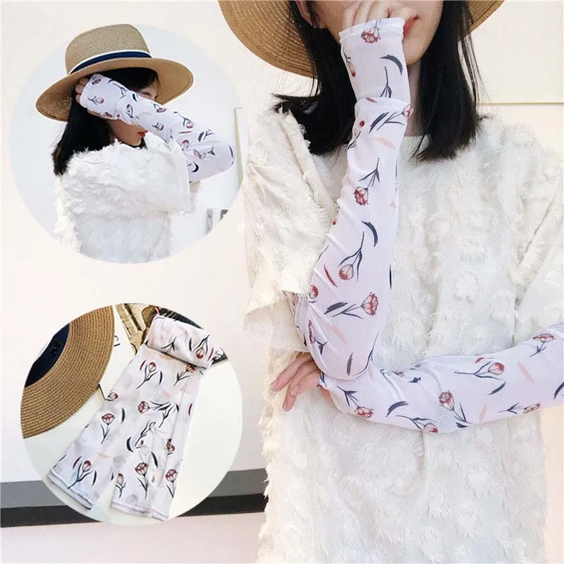 

Summer Ice Silk Sleeve Driving Arm Cover Outdoor Sunscreen Gloves Flower Smiley Ice Sleeve Armguard
