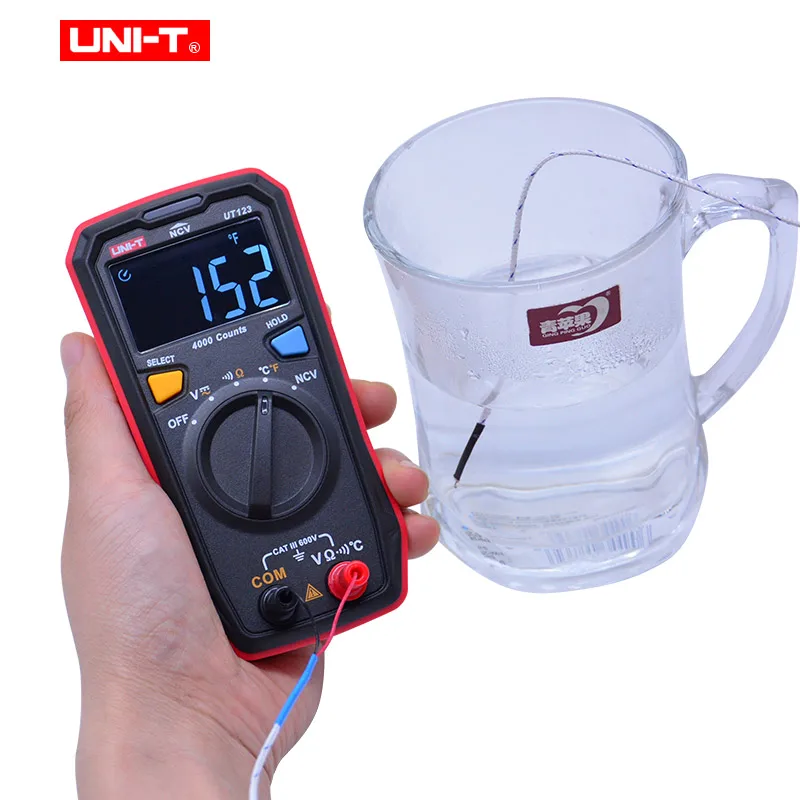 Goedkoop UNI T 4000 Counts Mini Digitale Multimeter UT123 EBTN Kleur Screen Display AC DC Spanning Temperatuur NCV Tester