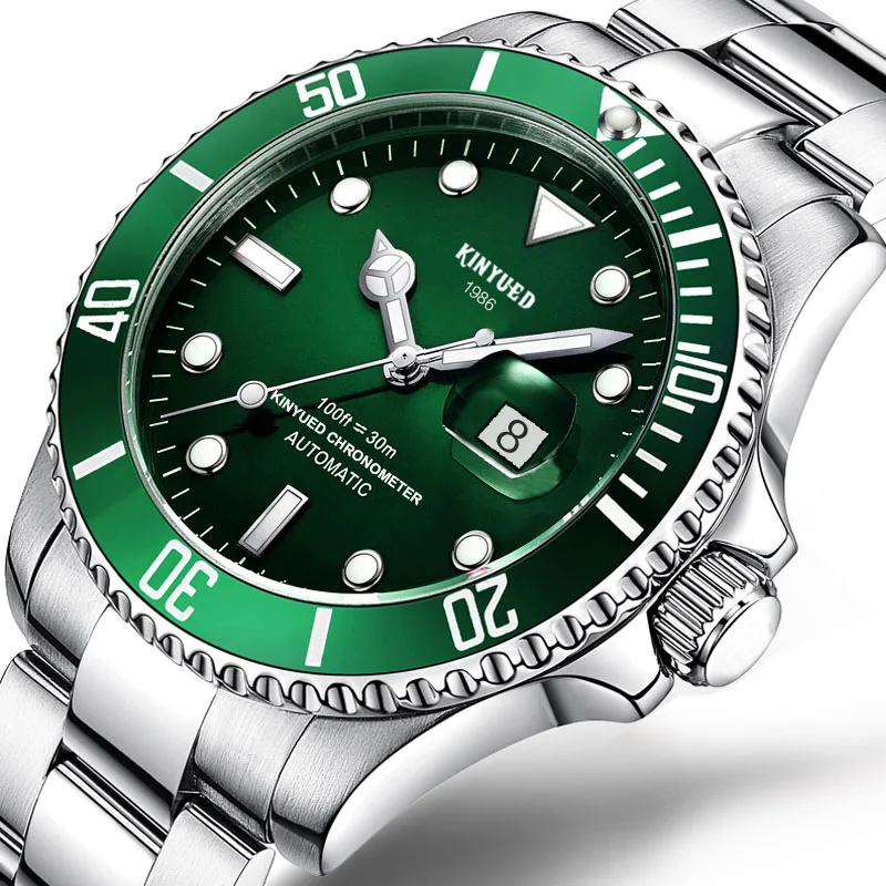 Бренд KINYUED, мужские механические часы, автоматические, роль, дата, модные, роскошные, подводные часы для мужчин, Reloj Hombre, Relogio Masculino - Цвет: Зеленый