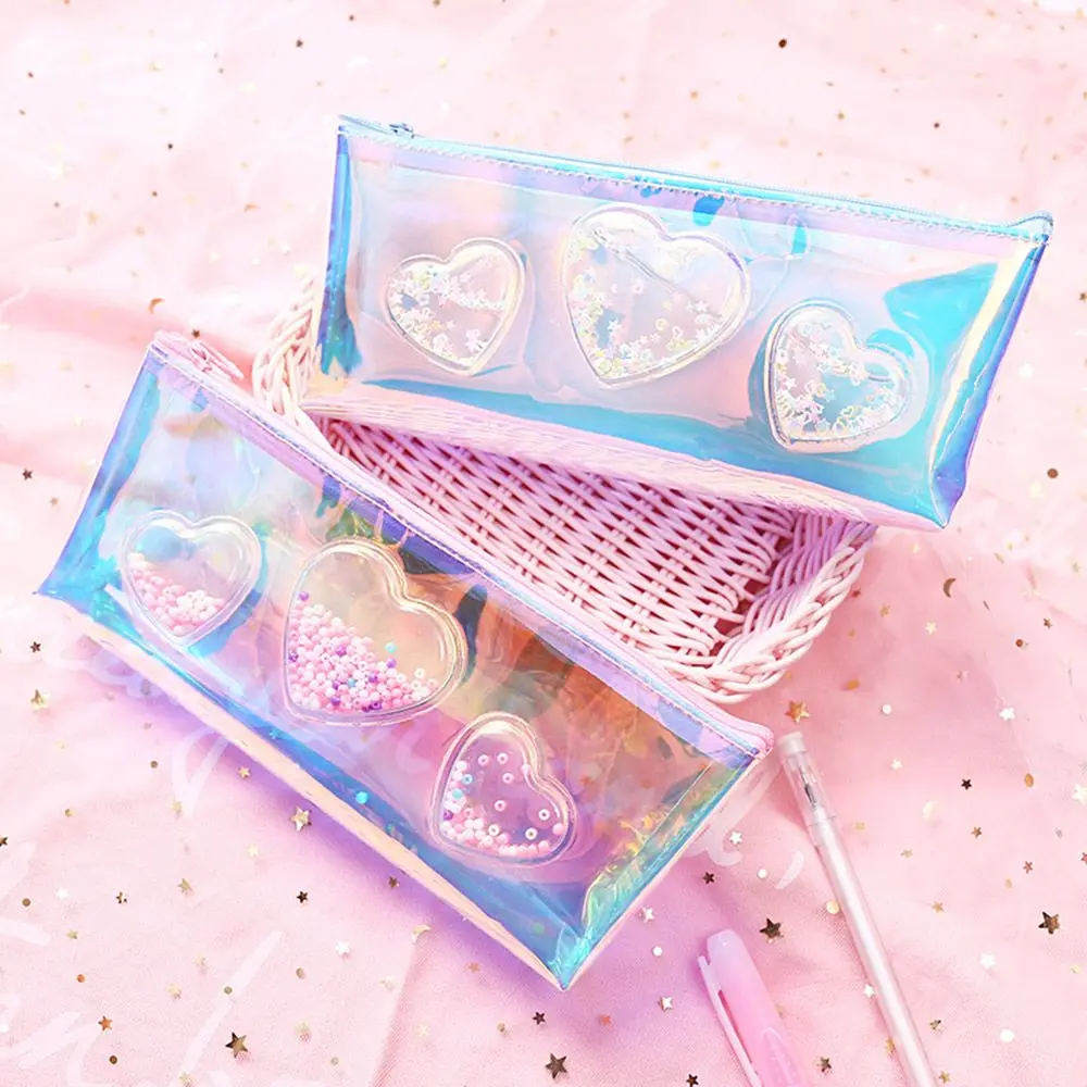

1Pc Creative Shiny Laser Pencil Case Bag PVC Heart Pouch Storage Pencil Box Stationery Organizer Escolar School Supplies