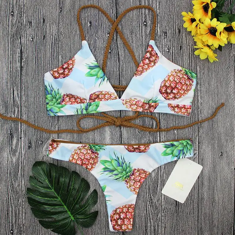 

Printed Pineapple Women Swimwear 2018 Thong Bikini V Neck Swimsuit Female Brazilian Swim Bathing Suit Sexy Bandage Bikinis Women