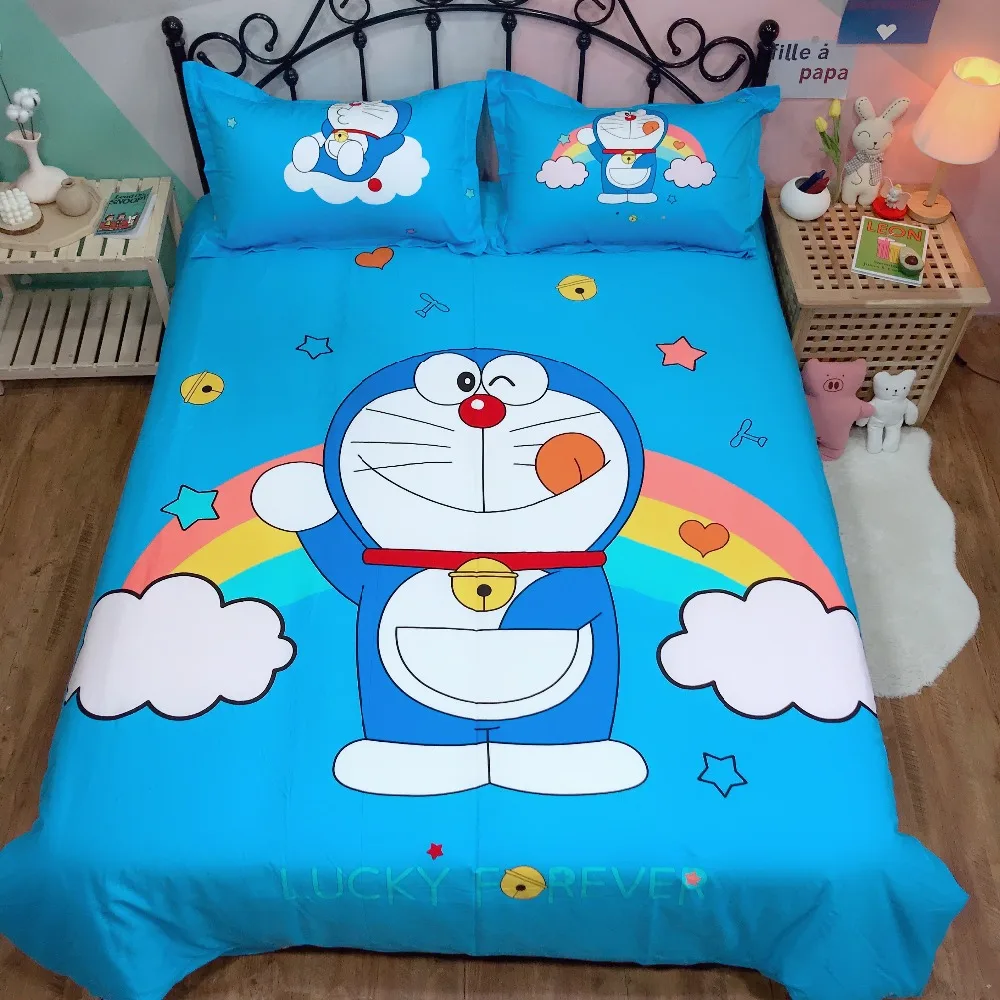 Комплект постельного белья с рисунком Doraemon для мальчиков, хлопковое стеганное одеяло, милое пуховое одеяло с рисунком «Королева», милое постельное белье синего цвета для девочек