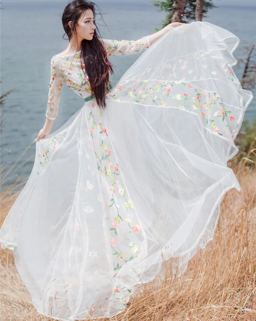 Белое цветочное винтажное длинное платье с вышивкой, средневековое платье, кружевное платье в стиле ренессанса, костюм принцессы в викторианском стиле/Марии-Антуанетты