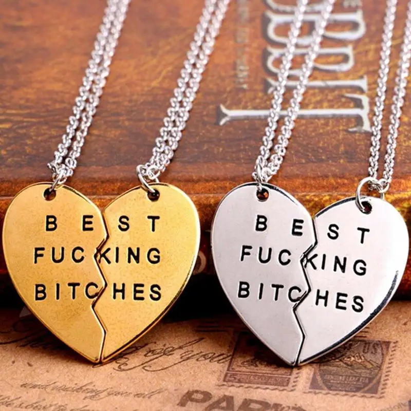 

2 pcs Friendship Jewelry Fashion Double Thin Chain Broken Heart Parts " Best Bitches" Necklaces&Pendants For Best Friend