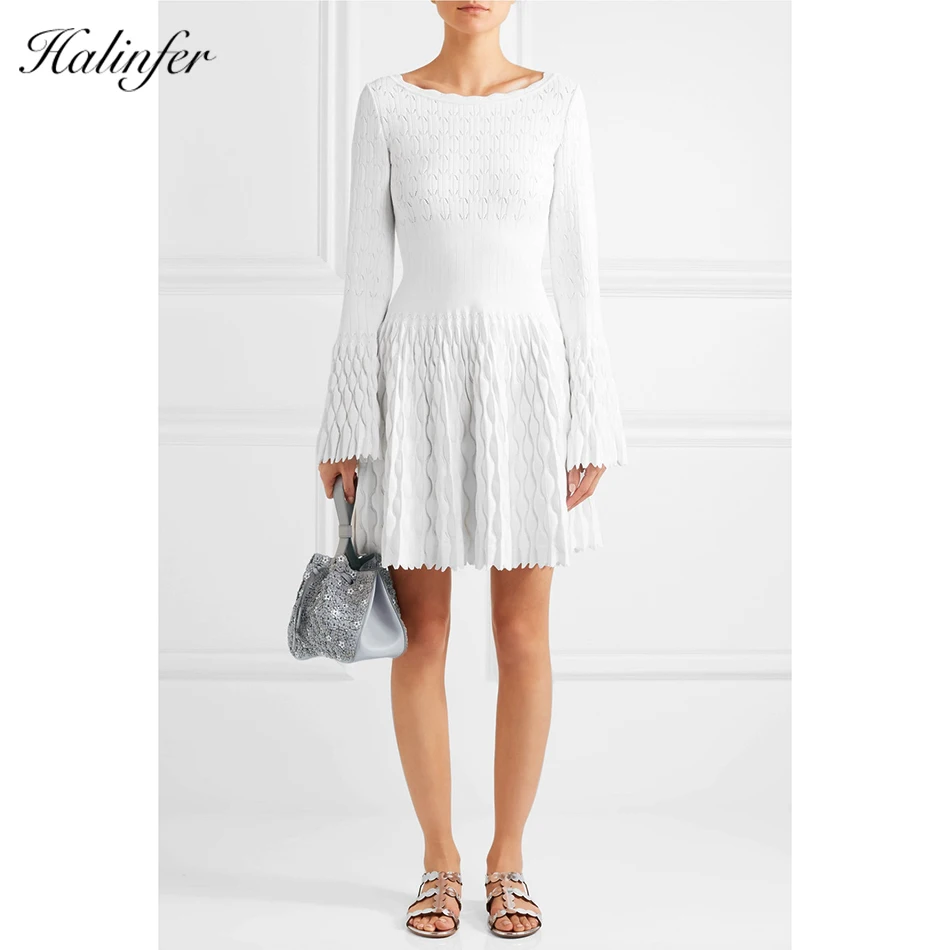 

Halinfer 2019 New Autumn women dress sexy bodycon O-Neck Flare Sleeve Rayon Bandage Simple celebrity party dress vestidos