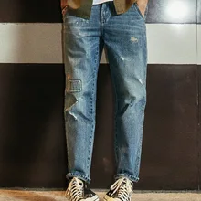 Демисезонные мужские джинсы с заплатками SIMWOOD, рваные джинсовые штаны свободного кроя, джинсы батальных размеров,, брюки из денима длиной до щиколотки, 190022