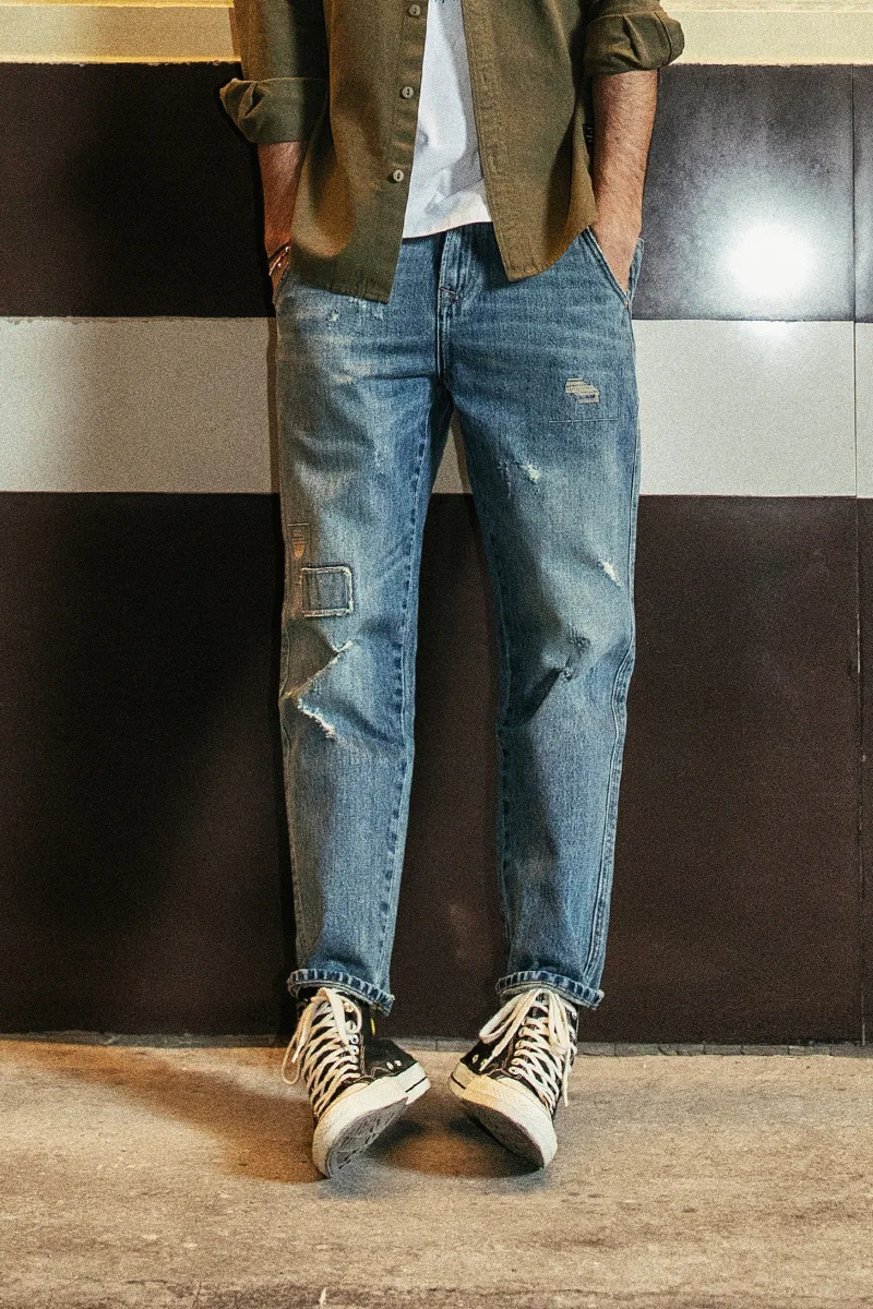 

SIMWOOD New 2019 Jeans Men autumn Fashion Hole Patch Loose Denim Pants Ankle-Length Plus Size Brand Trousers High Quality 190022