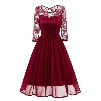 

Elegant Women Lace Dress 3/4 Sleeve Pleated Swing A-Line Midi Dress for Wedding Bridesmaid Vintage High Waist Chiffon Lace Dress