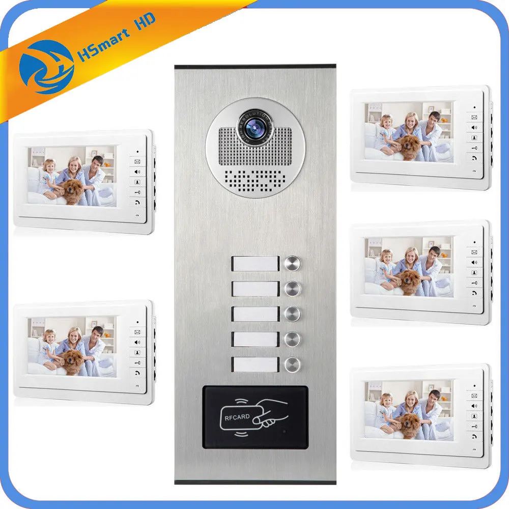 

5 Units Apartment Intercom Entry System Wired Audio Video Door Phone Bell RFID Access Cameras for 5 Family House Intercom Kits