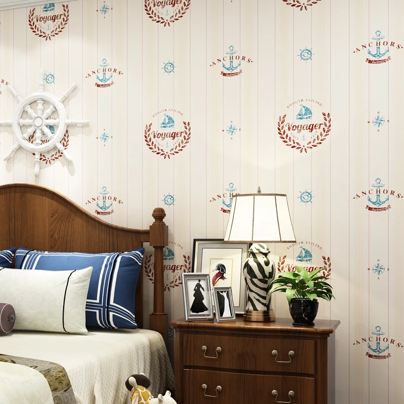 

NEW Mediterranean style wall paper non-woven vertical striped wallpaper cartoon boy British blue sailboat children bedroom
