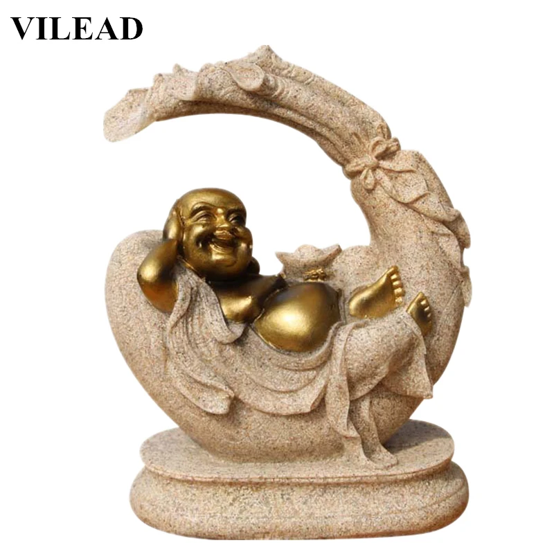 

VILEAD Nature Sand Stone Laughing Buddha Figurines Religious Maitreya Buddha Statues Miniatures Statuettes Creative Gifts Decor