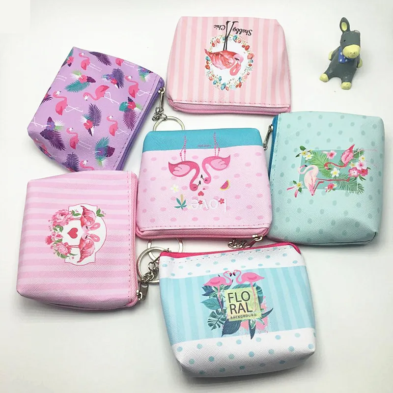 

12pcs Flamingos Change Pouch Women Wallet PU Coin Purses Lovely Key Packet Card Holder Zipper Coin Bag with Key Ring