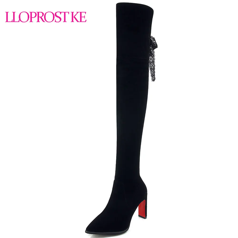 

Lloprost ke Women boots high heels flock thigh high boots pointed toe lace up autumn over the knee boots ladies long shoes D414