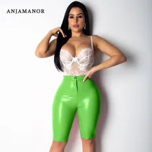ANJAMANOR сексуальные неоновые эластичные байкерские шорты из искусственной кожи с высокой талией, женская одежда в стиле панк-рок, Короткие штаны до колена, D30-AB95