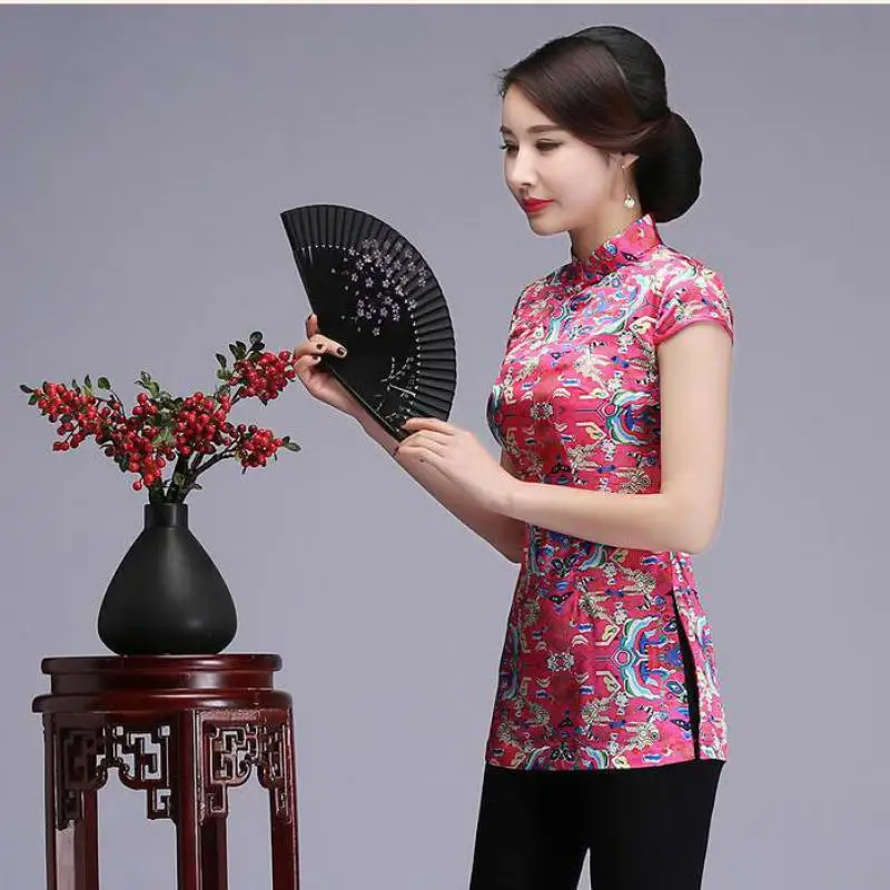 Летняя женская рубашка с короткими рукавами, винтажный Улучшенный китайский костюм, топ, элегантная женская блузка для вечеринок, большие размеры, S-3XL
