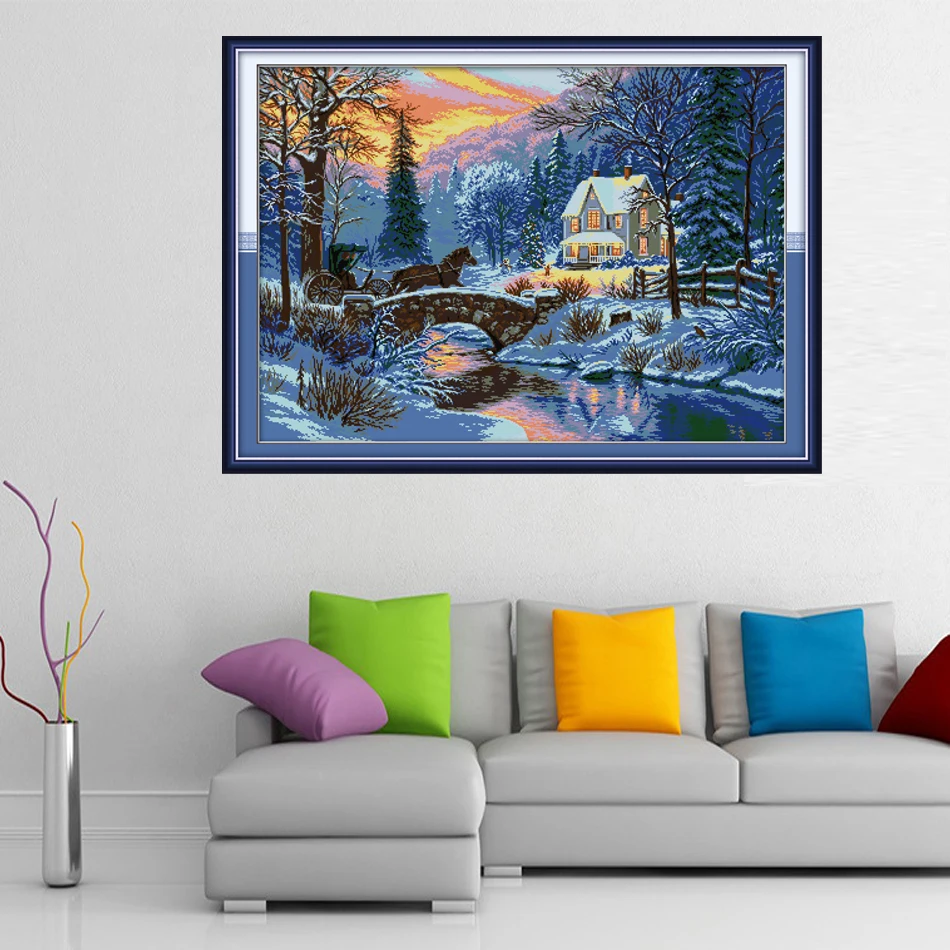 Joy Sunday,Winter snow scene,cross stitch embroidery set,printing cloth embroidery kit,needlework,DIY cross stitch embroidery (3)