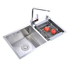 304 stainless steel manual kitchen sink double bowl slot set thickened manual wash basin sink wiht faucet rectangular