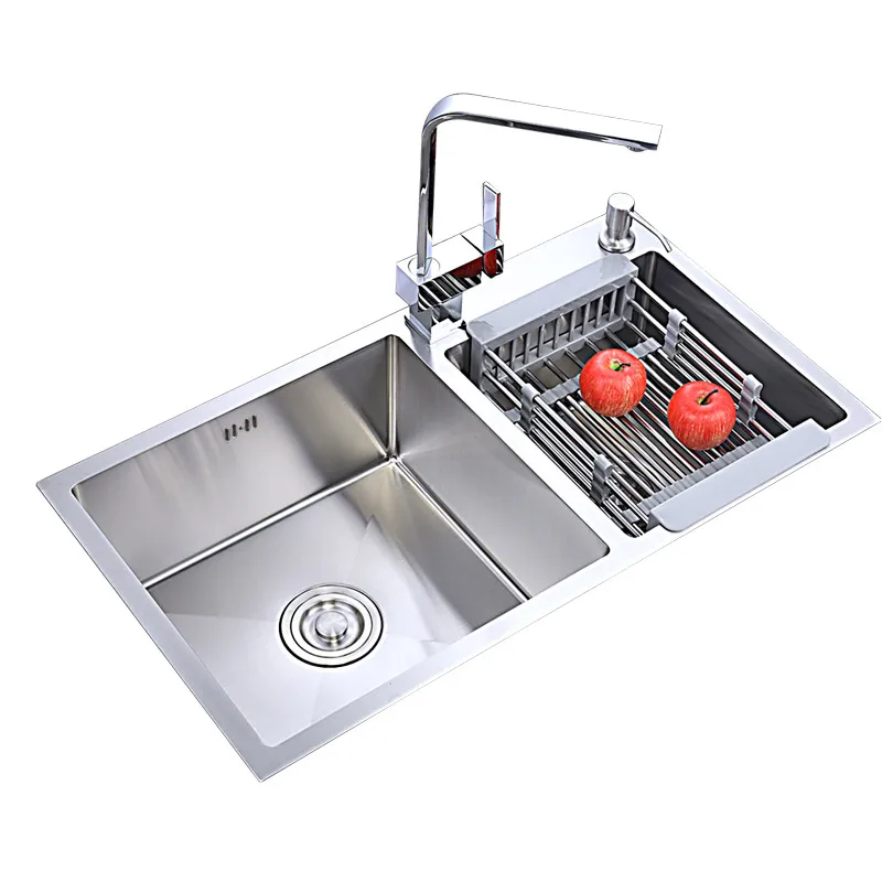 

304 stainless steel manual kitchen sink double bowl slot set thickened manual wash basin sink wiht faucet rectangular