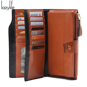 

LAZYLIFE Women Wallets Oil Wax Leather Fashion Hasp Long Coin Purse Money Pocket Holders Of Wristlet Female Wallet Clutch Bag