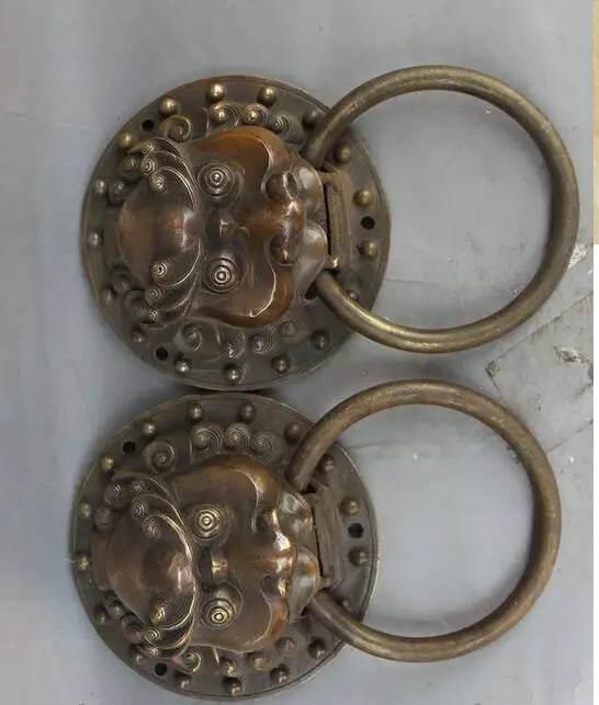 

8" Old Chinese folk Feng shui Copper Foo Fu Dog Guardion Lion Pair door knocker