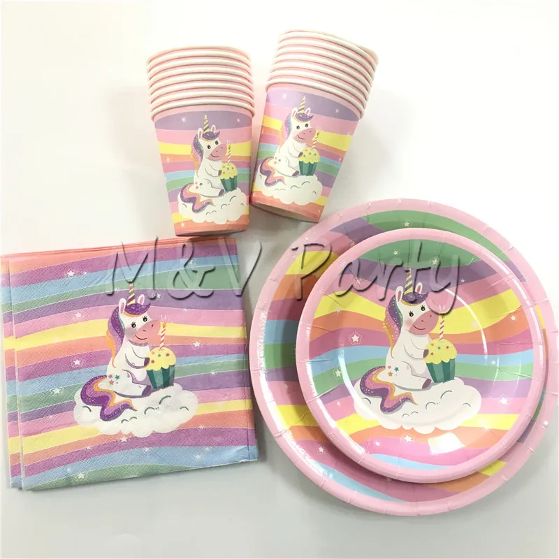 

28pcs/lot New Fantasy Rainbow Cartoon Unicorn Disposable Tablewareset Set Paper Cup Plates Set Unicorn Party Decoration Supplies