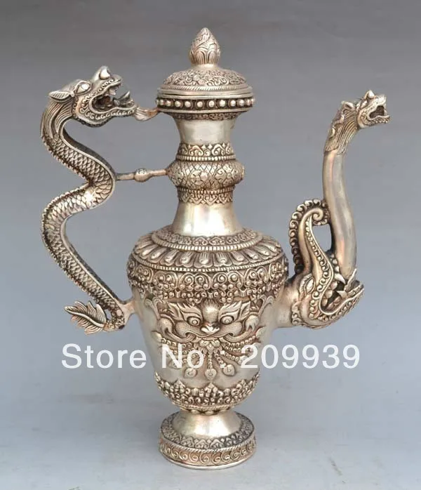 

001008 Chinese Silver Bronze Two Dragon Wine Pot
