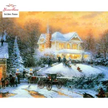 Золотое панно DIY Полный вышитый стразами зимний дом фото на заказ Алмазная картина вышивка крестиком 3D, Рождественская Алмазная вышивка 810